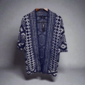 🌀 Janice Navy White Geometric Knit Open Front Cardigan